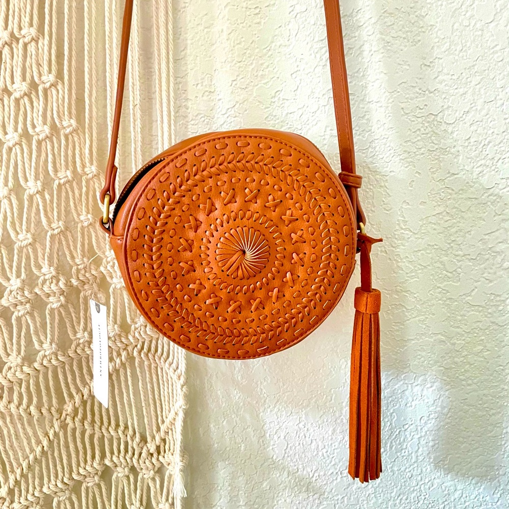 Anthropologie Woven mini circle bag with tassel